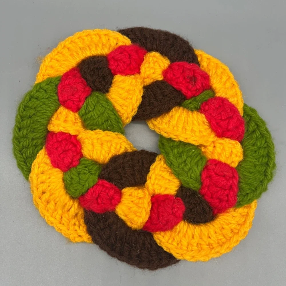 Vtg Crochet Hot Pad Trivet Handmade Potholder Decor Round Yellow Green Brown MCM
